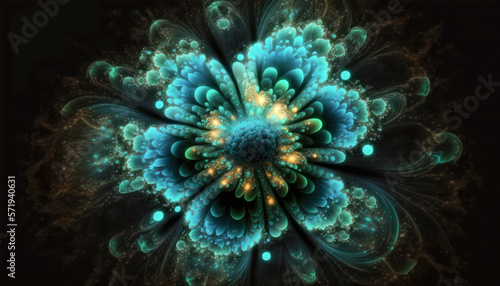 Sacred geometry glowing flower fractal with particles and light. Generative AI © Shiva3D