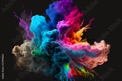 Multi color powder explosion isolated on black background. Generative AI