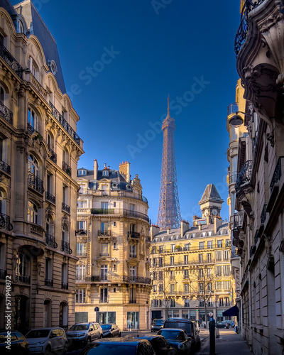 Paris, France - February 14, 2023: Comfortable street with views of the Eiffel Tower in Paris, France. The Eiffel Tower is one of the most emblematic monuments of Paris. 