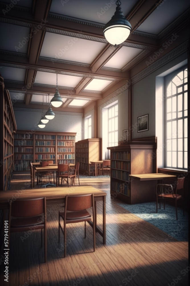 Interior of library with bookcases, tables and windows created using generative ai technology