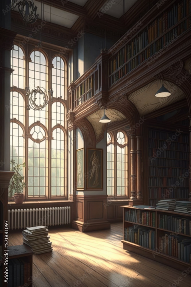 Interior of library with bookcases, paintings and big windows created using generative ai technology Interior of library with bookcases, paintings and big windows created using generative ai technology
