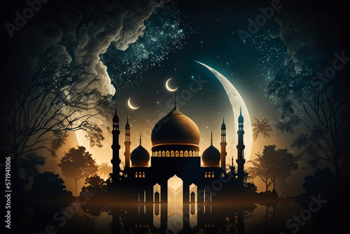 A night in Ramadan. Mosque and a lantern with a glowing evening light. Generative AI