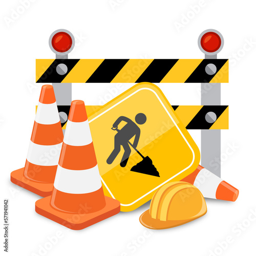 Traffic cones and under construction warning sign. Road safety and prevention of accidents during road construction.