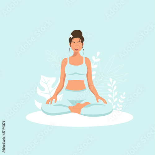  Female cartoon character sitting in lotus posture and meditating. Girl with crossed legs. Colorful flat vector illustration with plants. Faceless poster of young pretty woman for yoga center. (ID: 571941276)