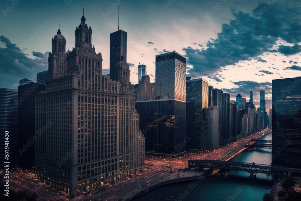 Cityscape with lit streets with clouds, created using generative ai technology