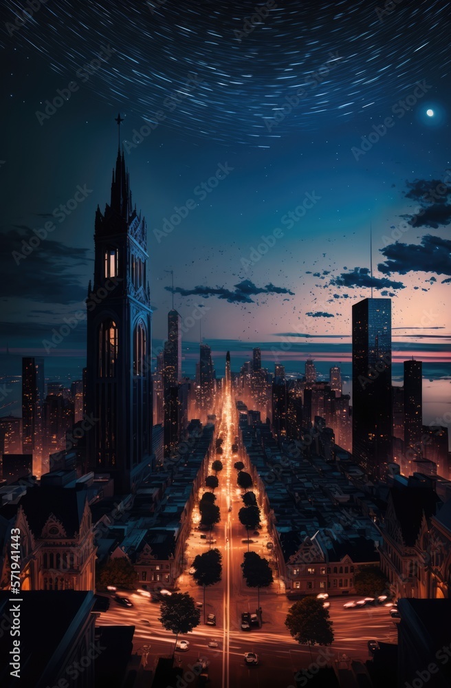 Naklejka premium Cityscape with lit streets with moon and clouds, created using generative ai technology