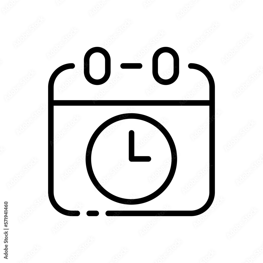 Desk calendar with clock line icon. Important day, reminder, day of the week, month, year, punctuality, anniversary. Time management concept. Vector line icon on white background Desk calendar with clock line icon. Important day, reminder, day of the week, month, year, punctuality, anniversary. Time management concept. Vector line icon on white background