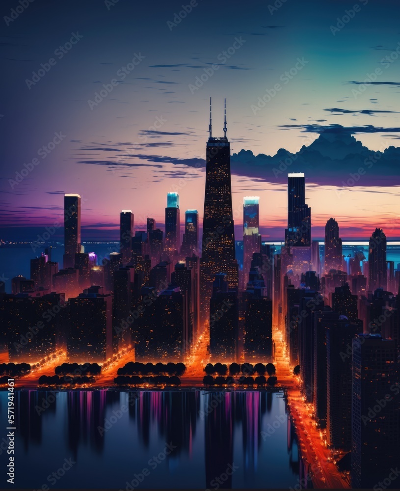 Cityscape with lit streets at sunset with clouds, created using generative ai technology