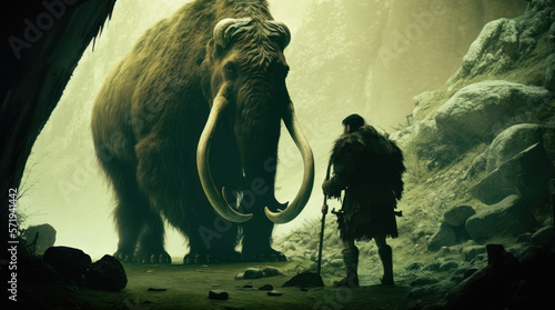 A Neanderthal dressed in animal furs with a spear in hand, on the hunt for prey in the wild forest, generative ai