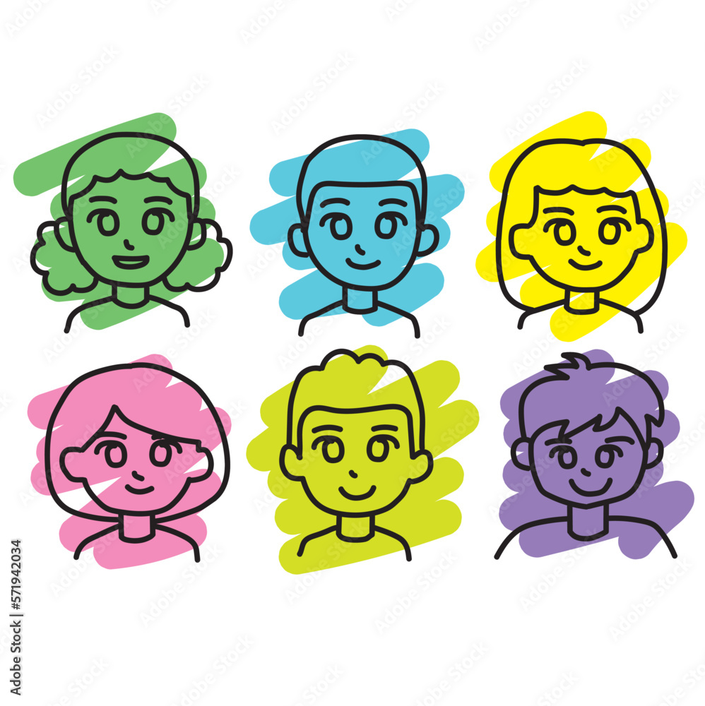 Face people character set vector illustration. Suitable for icon, logo, sticker pack and graphic design elements Face people character set vector illustration. Suitable for icon, logo, sticker pack and graphic design elements