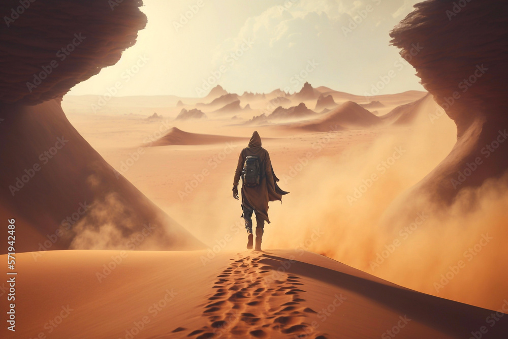 Naklejka premium Tourist climbing up the Dune in sandstorm. Generative AI