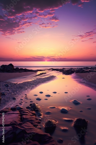 Landscape of beach with rocks over sea and sunset, created using generative ai technology © Future Vision