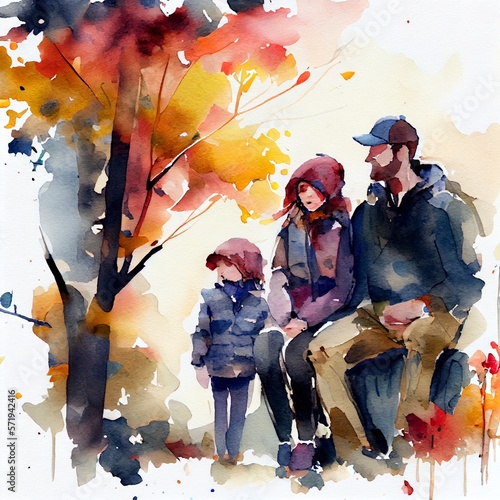 A family with children on an autumn walk in park. AI Generative Art.