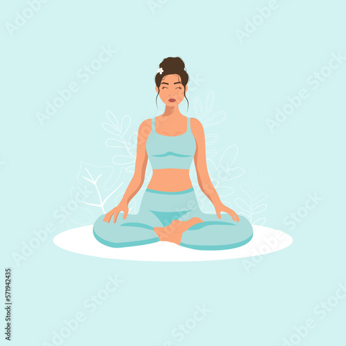  Female cartoon character sitting in lotus posture and meditating. Girl with crossed legs. Colorful flat vector illustration with plants. Faceless poster of young pretty woman for yoga center. (ID: 571942435)
