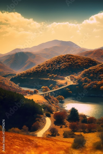 Vertical image of landscape, clouds over hills and bridge, created created using generative ai technology.