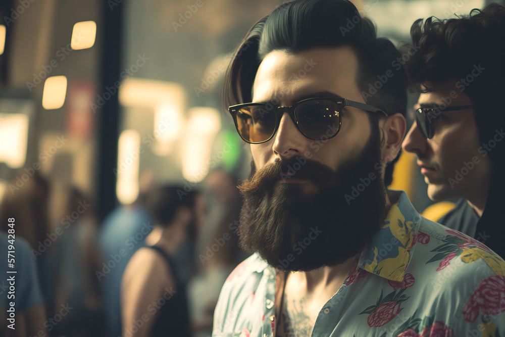 Portrait of an attractive and handsome hipster male person with stylish hair and beard wearing glasses and casual cloth. AI generative.