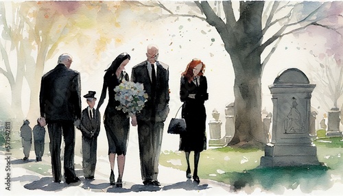 Grieving family wearing black clothing at a funeral.
