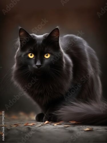 Black cat with yellow eyes on black background created using generative ai technology