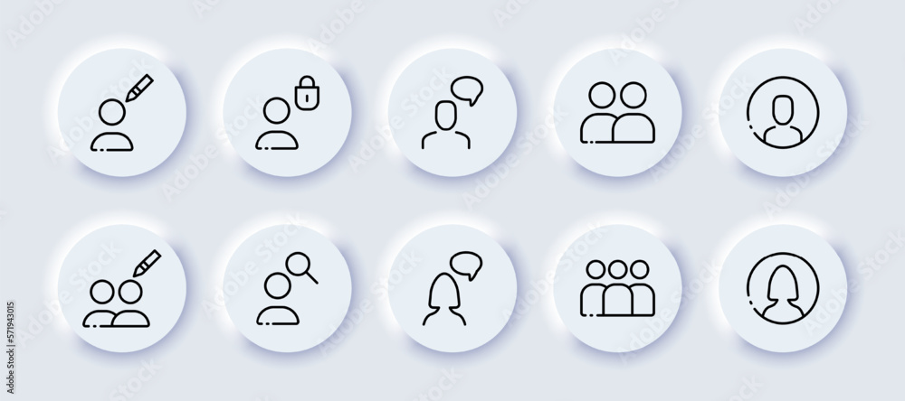 Man with button set icon. Pen, lock, speech bubble, message, society, magnifier, find, search, button for social media. Feedback concept. Neomorphism style. Vector line icon for Advertising Man with button set icon. Pen, lock, speech bubble, message, society, magnifier, find, search, button for social media. Feedback concept. Neomorphism style. Vector line icon for Advertising