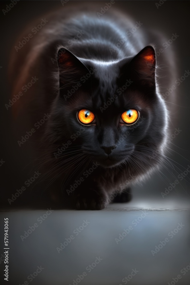Vertical image of black cat with yellow eyes over a black background, created created using generative ai technology