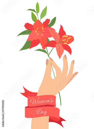 Female hand holding lily flower branch. Happy International Women's Day. Girl power. Vector illustration in flat style.