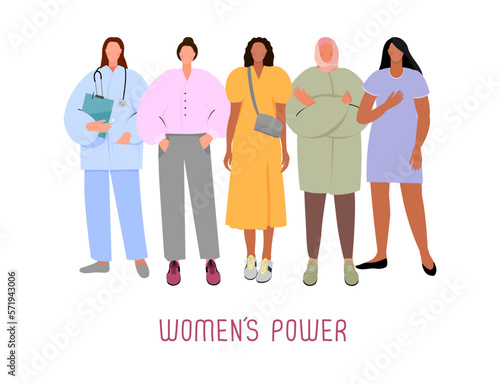 Women of different professions stand together. Woman power concept banner with slogan. Hand drawn characters colorful vector illustration.