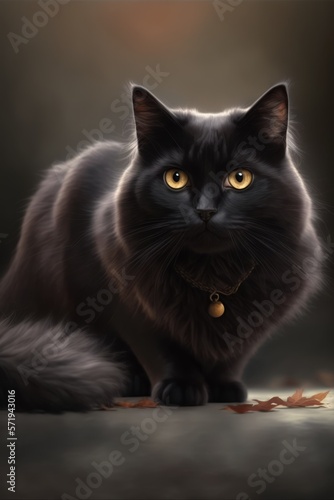 Black cat with yellow eyes over a black background, created created using generative ai technology
