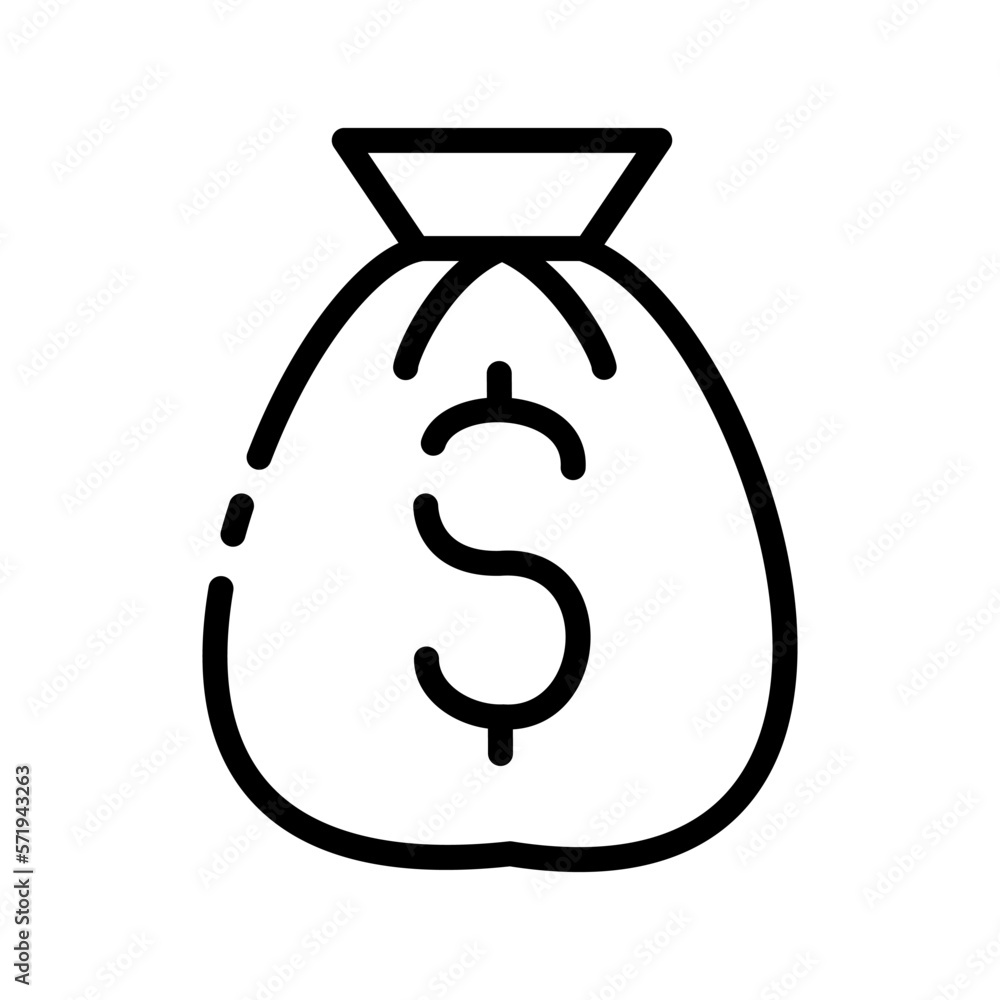 Money bag line icon. Banking, income, savings, dollar sign, budget, deposit, salary. Financial management concept. Vector line icon on white background Money bag line icon. Banking, income, savings, dollar sign, budget, deposit, salary. Financial management concept. Vector line icon on white background
