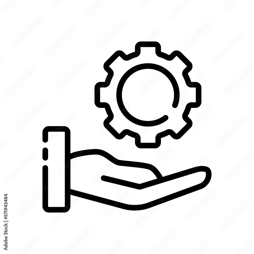 Hand with gear line icon. Setting, configuration, reminder, installation, tuning, alinement. Setup concept. Vector line icon on white background Hand with gear line icon. Setting, configuration, reminder, installation, tuning, alinement. Setup concept. Vector line icon on white background