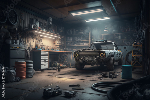 interior auto repair shop, created by a neural network, Generative AI technology