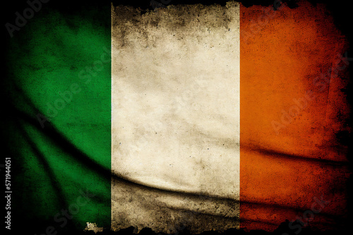 Distressed dark worn background of a vintage national flag of the Republic of Ireland also known as the Irish tricolour which is green, white and orange, Generative AI stock illustration image photo