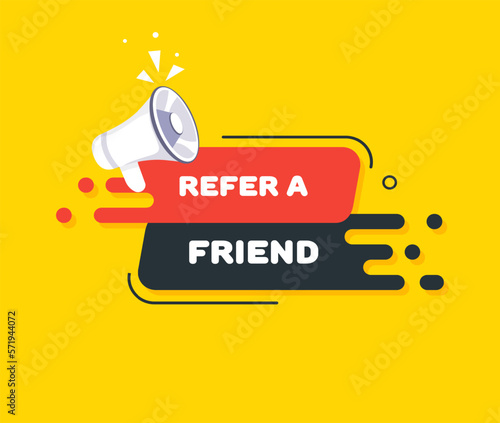 Speech bubble with refer a friend text. Speech bubble with loudspeaker. Pop art style. Vector line icon for Business and Advertising