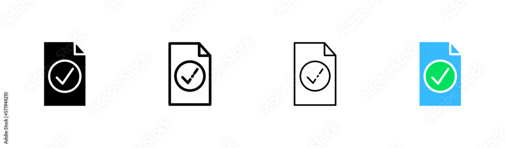 File with checkmark set icon. Tick, cross, successful, success, done, checked, approved, verified. Data set concept. Vector icon in line, black and colorful style on white background File with checkmark set icon. Tick, cross, successful, success, done, checked, approved, verified. Data set concept. Vector icon in line, black and colorful style on white background
