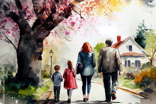 Family with two children walking through a suburban neighbourhood in Spring. AI Generative Art.