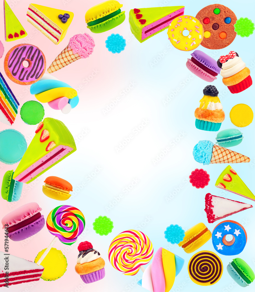 Bright children's background of different cakes, lollipops and sweets Bright children's background of different cakes, lollipops and sweets