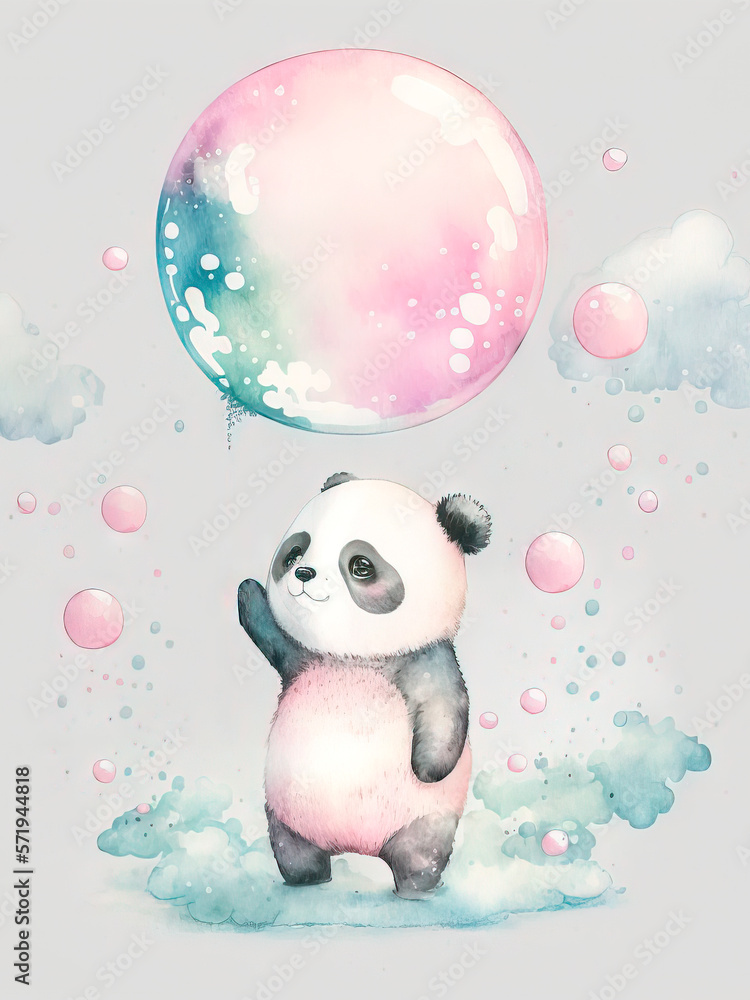 Fototapeta premium A Cute Bear with a Ballon , Nursery Animal , Nursery Wall Art , Kids Room , adorable animal , pastel
