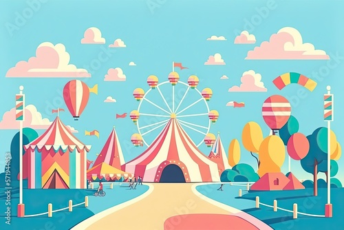 a small a road at the middle center leading to a circus carnival,