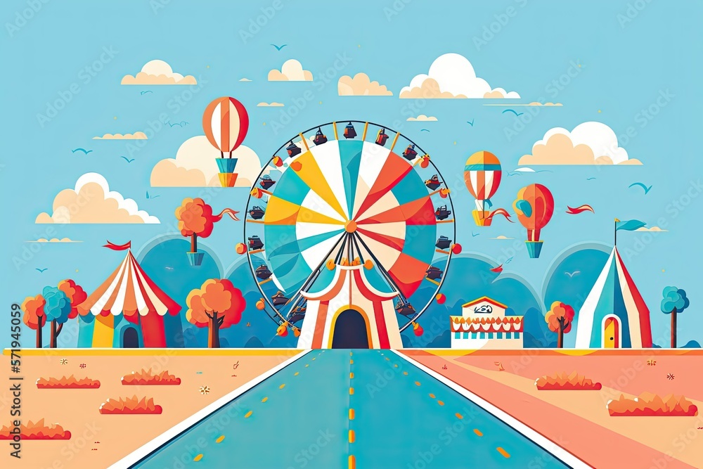 a small a road at the middle center leading to a circus carnival, a small a road at the middle center leading to a circus carnival,