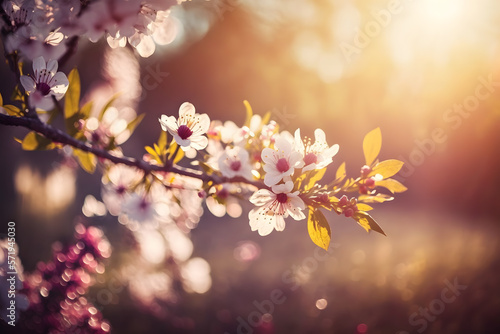 Spring blossom background. Nature scene with blooming tree and sun flare. Spring flowers. Beautiful orchard Photography made with Generative AI © yuniazizah