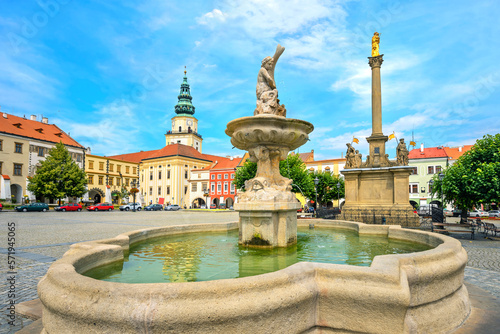 View of main square with fountain in old town. Kromeriz, Moravia, Chesh Republic