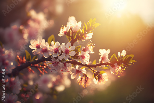 Spring blossom background. Nature scene with blooming tree and sun flare. Spring flowers. Beautiful orchard Photography made with Generative AI