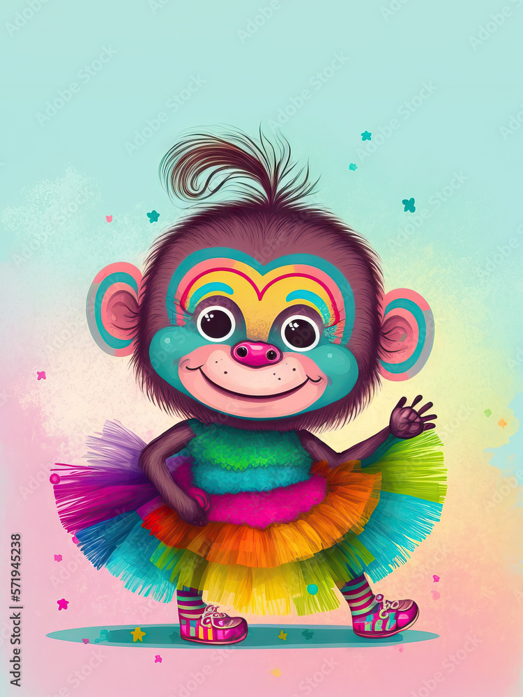 A Cute Monkey Ballerina , Nursery Animal , Nursery Wall Art , Kids Room , adorable animal ,pop art