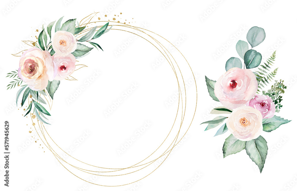 Frame and bouquet made of pink watercolor flowers and green leaves, wedding and greeting illustration