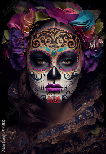 Mardi Gras day of the dead, unique digital art, portrait of faces with skull make-up created with generative ai