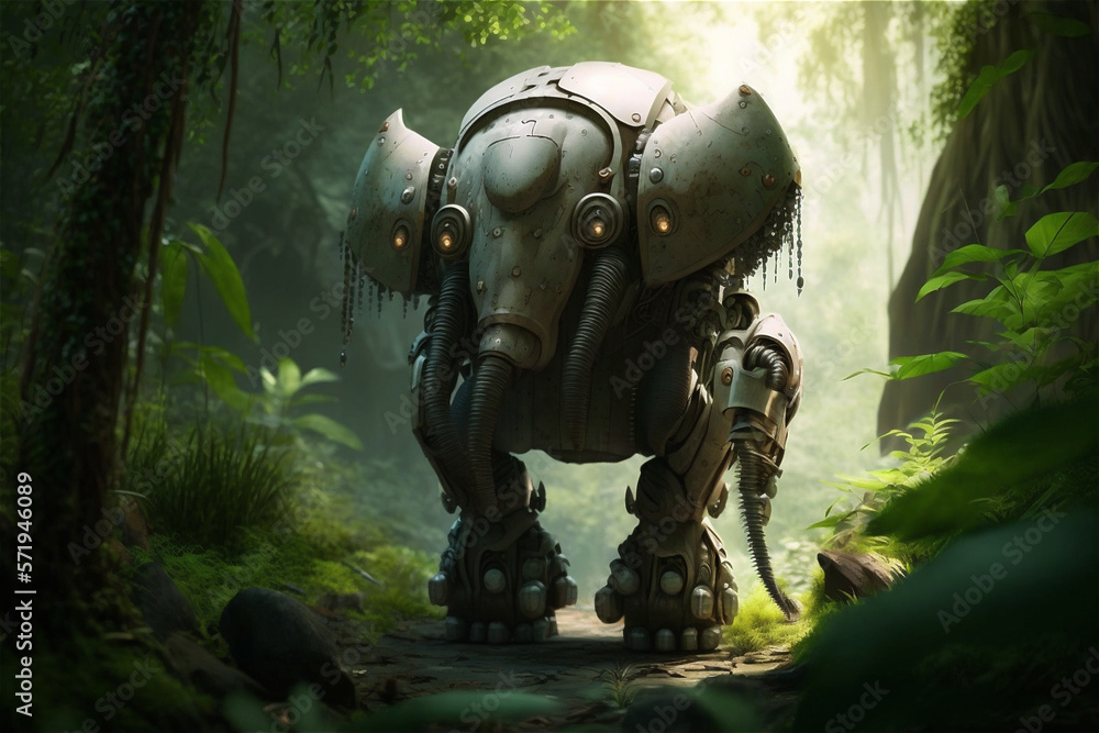 Fototapeta premium Robot animal kingdom. Robot elephant in the forest
