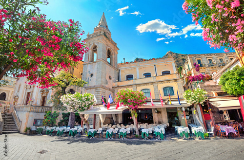 Fototapeta Naklejka Na Ścianę i Meble -   Scenic view of San Giuseppe Church at IX Aprile Square. Taormina, Sicily, Italy