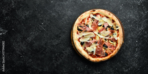 Canvas Print Delicious homemade pizza with prosciutto and Parmesan cheese