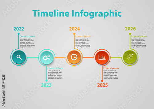 infographic timeline 5 years multi colored circles with curved ends with hexagons and icons for business planning, marketing, growth on gray background