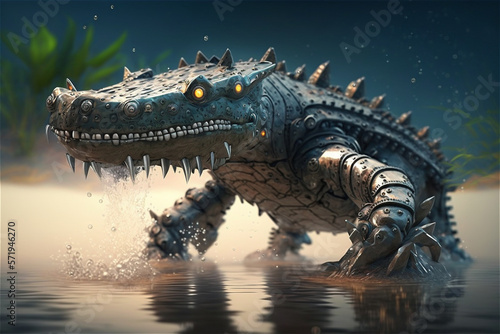 Robot animal kingdom. Robot crocodile in the swamp