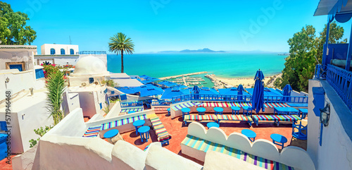 Panorama with picturesque open cafe in Sidi Bou Said town. Tunisia, North Africa